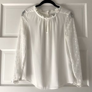 HD in Paris white dress blouse. Long sheer sleeves with polka dots.